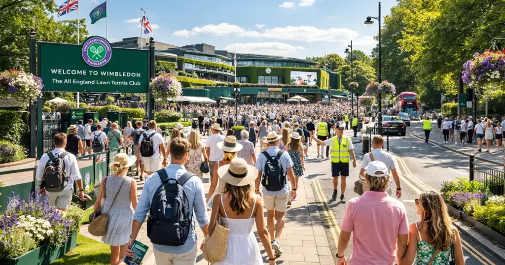 Spectators walking along Church Road toward the entrance of the All England Lawn Tennis Club during the Wimbledon Championships, with stewards directing crowds and light traffic on a leafy London street.